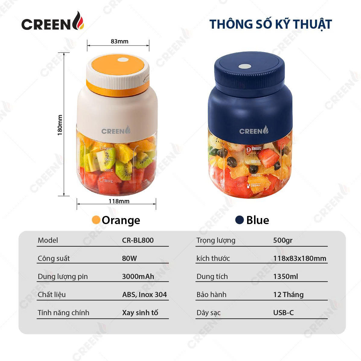 Máy Xay Sinh Tố Cầm Tay CREEN CR-BL800, Dung tích 800ml 80W, Pin Lithium 3000mAh, Lưỡi Kép 38 Cánh - Hàng Chính Hãng