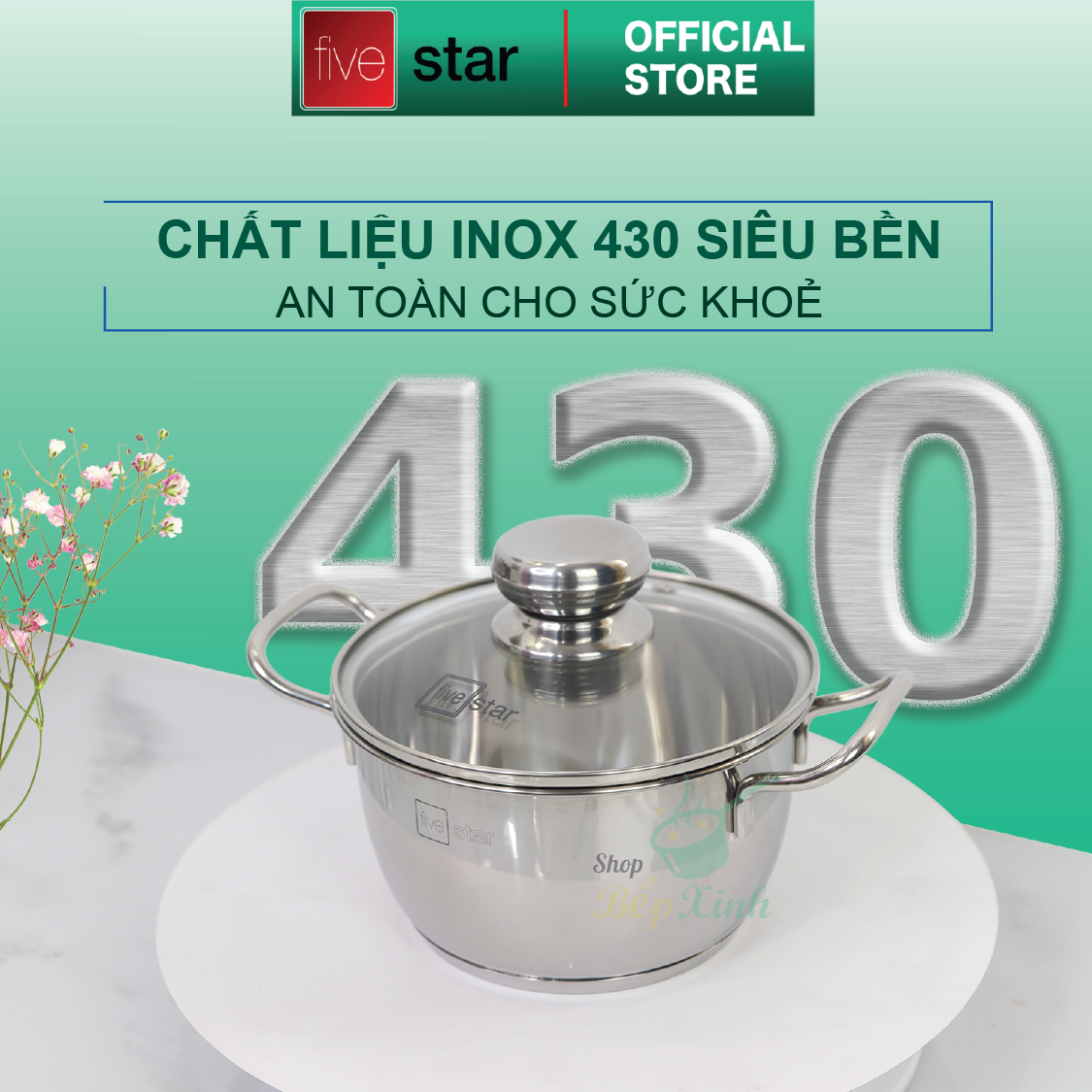 Bộ nồi inox đáy từ Fivestar 3 món nắp kính 3 đáy sandwich dùng được mọi bếp , tặng 1 vá canh