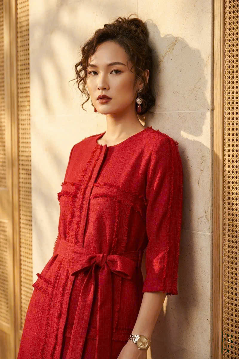 Đầm Suông Tua Rua Tweed Đỏ, Đầm Suông Thắt Eo Thanh Minh thời trang thiết kế Hity Dre201