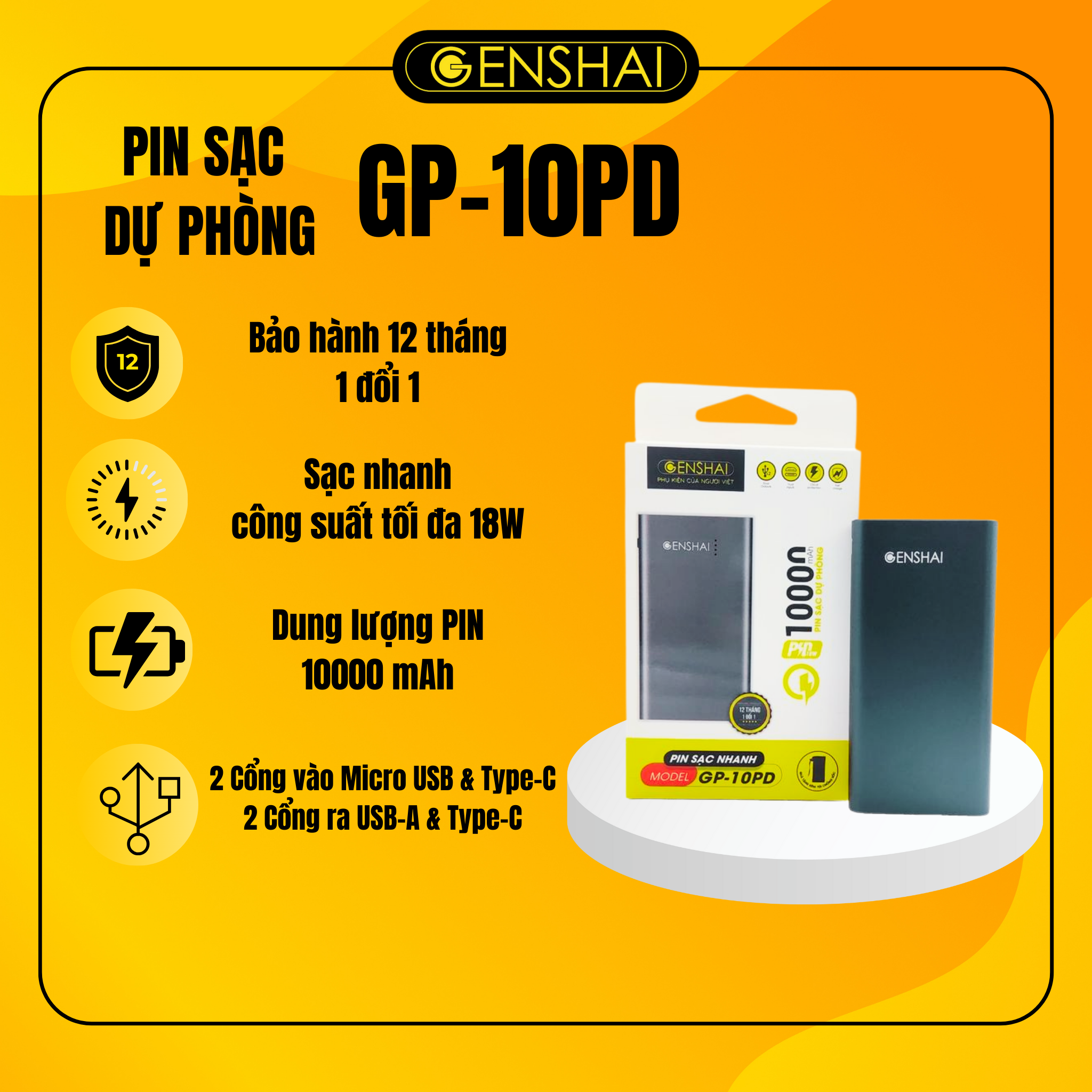 Pin sạc dự phòng hàng chính hãng Genshai GP-10PD 10.000mAh (Sạc nhanh PD &amp; QC 3.0) | Bảo hành 12 tháng 1 đổi 1 | Made in Việt Nam