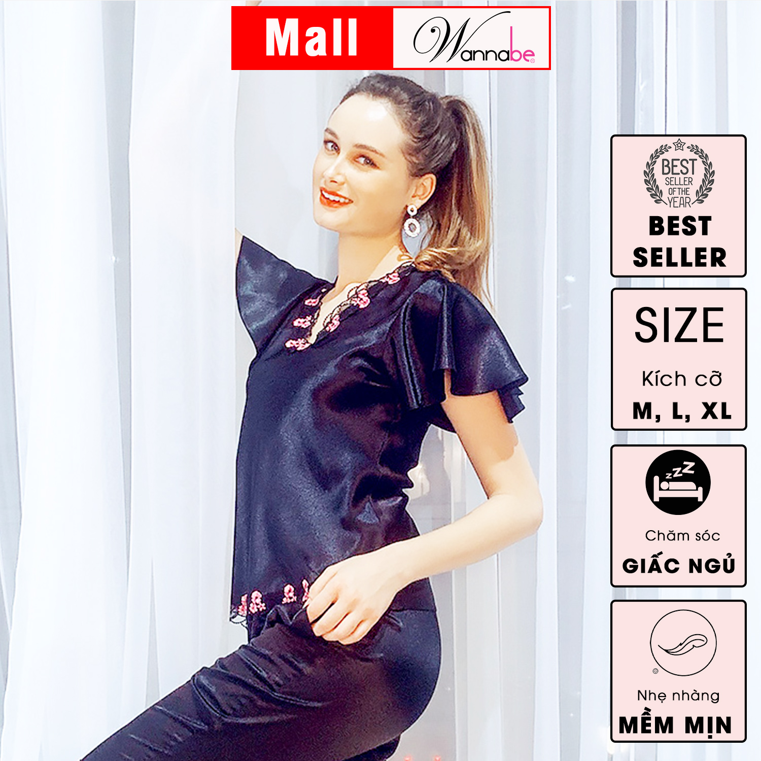 Đồ bộ mặc nhà phi lụa Wannabe, bộ dài BDS08 cổ tim phối ren hoa nhẹ nhàng