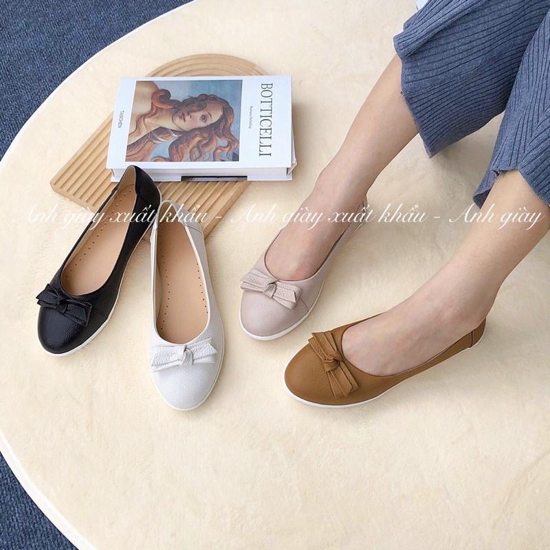 GB11 - Giày bệt da bò mũi tròn nơ ngang chất da siêu mềm nhẹ êm 3 màu đen , trắng , bò  hàng VNXK