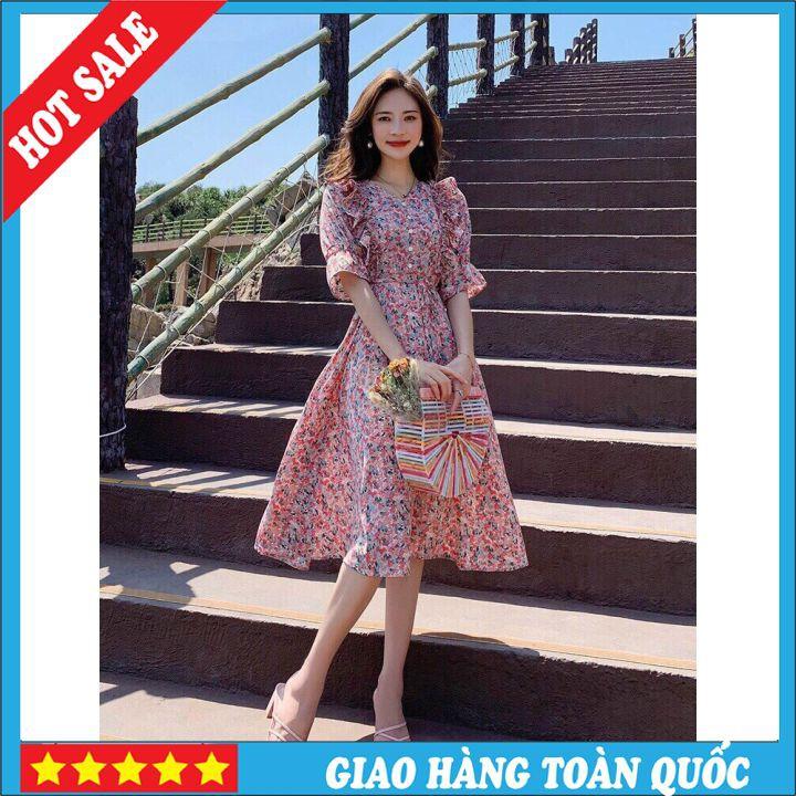 Váy Hoa Nhí Vintage Cổ V Tay Lỡ, Đầm Vintage Dáng Dài -Kieumytran93