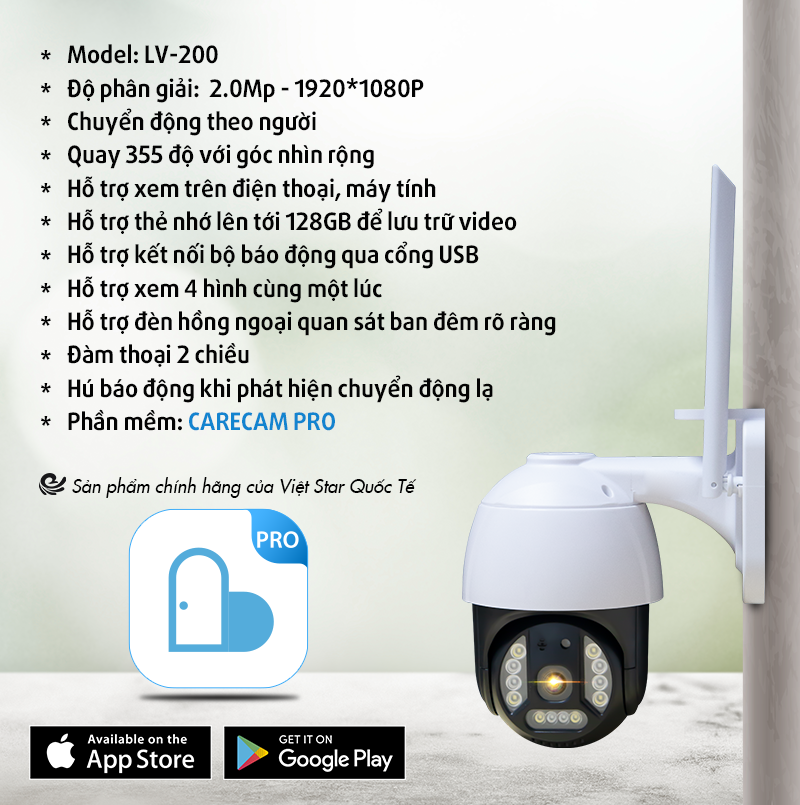 Camera Wifi Quan Sát Ngoài Trời LV-200, FULL HD, Xoay 355 Độ, Ban Đêm Có Màu - Hàng Chính Hãng