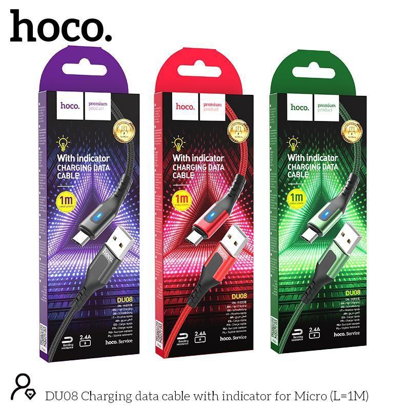 Cáp Sạc Micro-USB Có Đèn Cho Android, Samsung,... Hoco DU08 1M/2M, Cáp Dây Dù Siêu Bền, Sạc Nhanh 2.4 - Hàng Chính Hãng