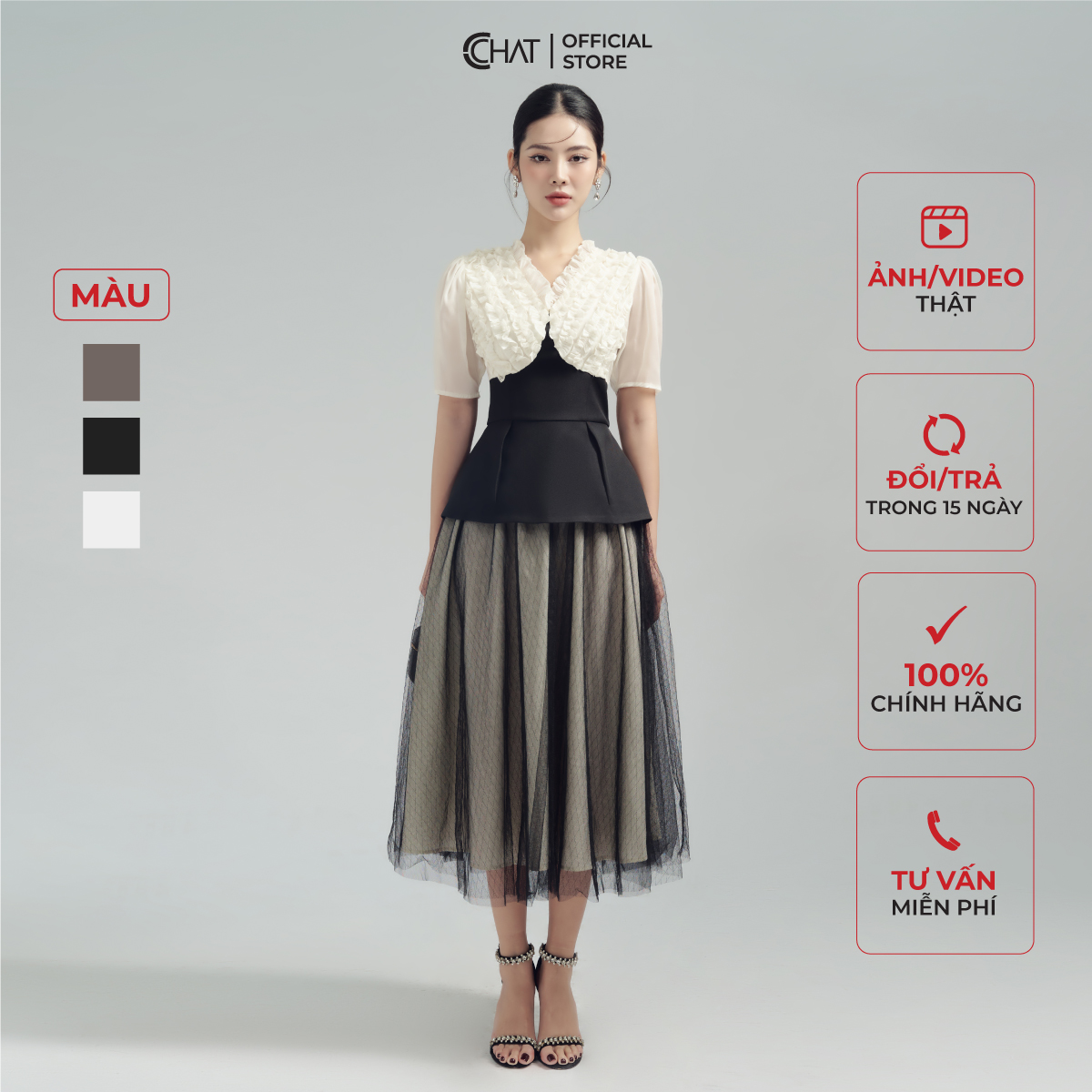 Chân Váy Suông Lưới Họa Tiết CCHAT Chất Liệu Lưới Cao Cấp 13CDM8002XT – L – Be