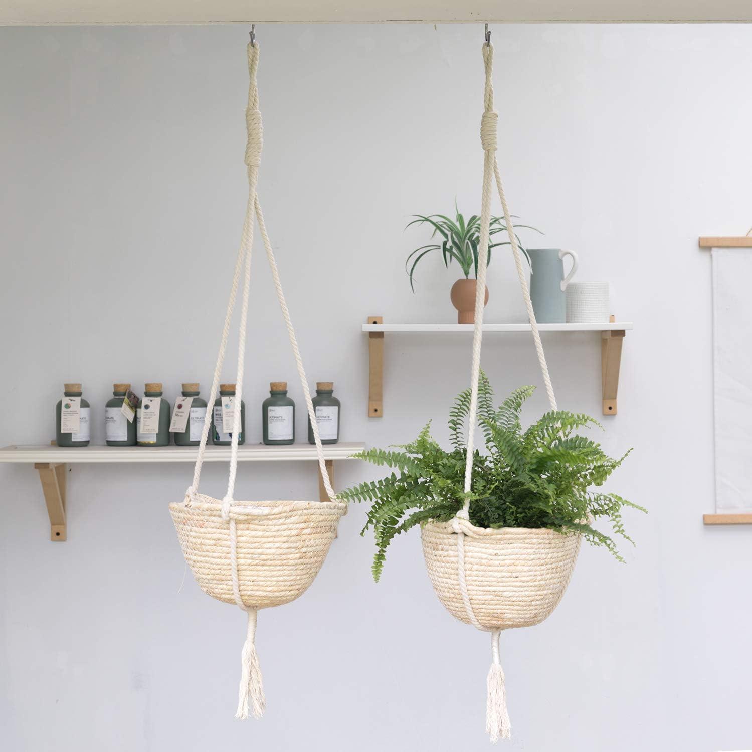 Giỏ trồng cây treo cỏ biển tự nhiên, Chậu cây trong nhà thân thiện với môi trường, Nắp chậu trồng cây, Da ngô, Bộ 2