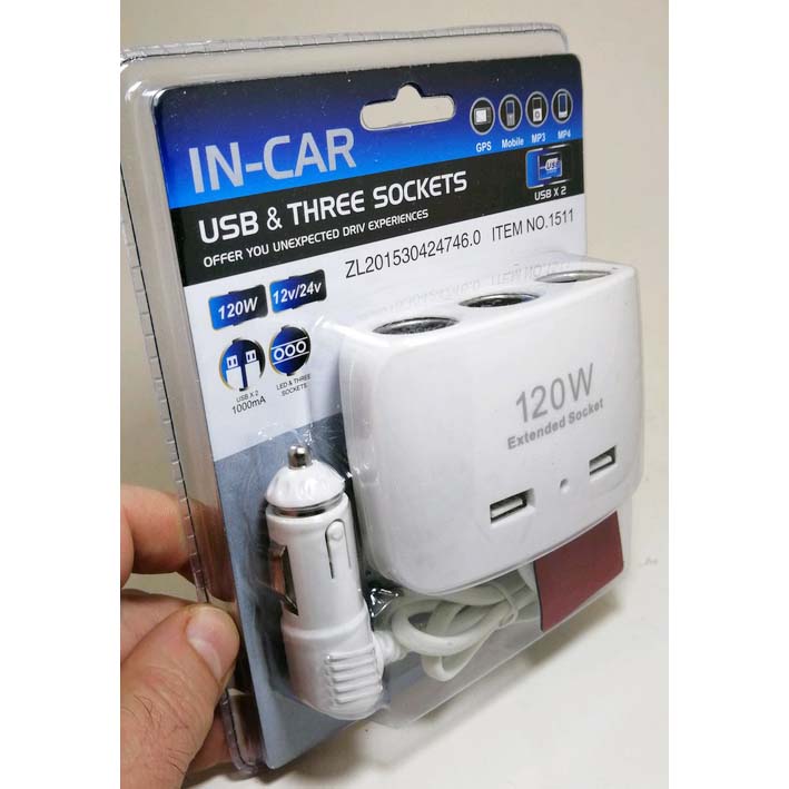 Bộ Chia Tẩu Sạc Dành Cho Xe Ô Tô 3 Cổng Tẩu 2 USB Model 1511 IN-CAR OLESSON