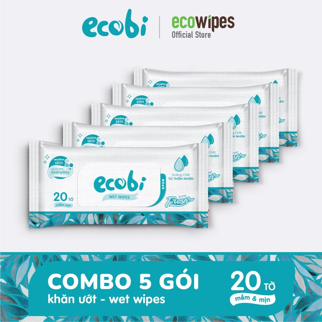 Combo 05 gói khăn ướt Ecobi gói 20 tờ không mùi không cồn không paraben an toàn cho da của bé