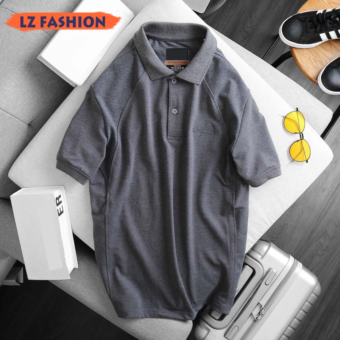 ÁO THUN NAM CỔ BẺ TAY NGẮN MÀU TRƠN LỊCH LÃM, LOGO THÊU ĐẸP MẮT - LZPS150