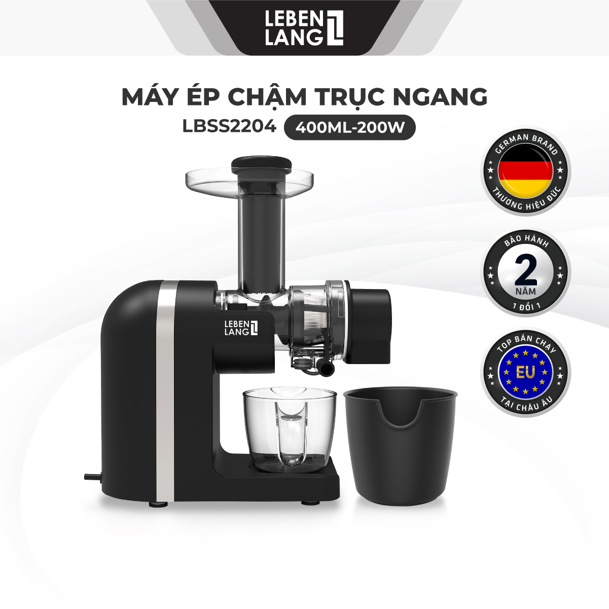 Máy ép chậm đa năng LEBENLANG trục ngang, dung tích 400ml, công suất 200W, model LBSS2204 - hàng chính hãng