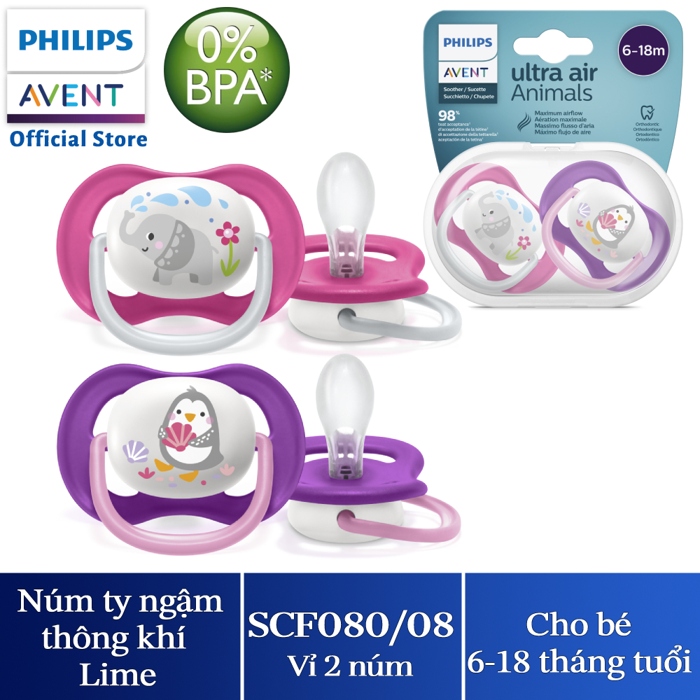 Núm ty ngậm thông khí Philips Avent hình thú (phiên bản Lime) cho trẻ từ 6-18 tháng tuổi _ vỉ đôi