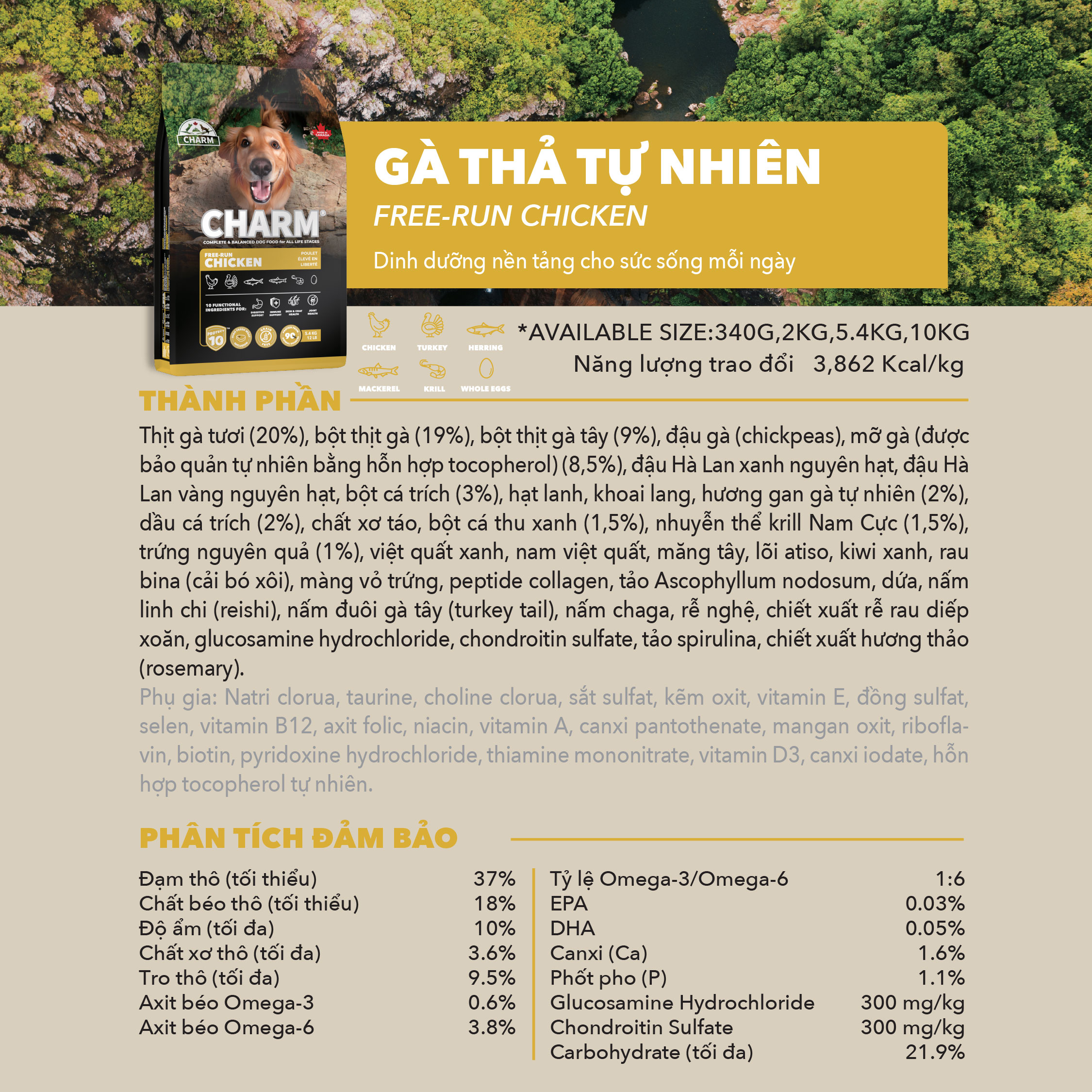 Thức Ăn Hạt Chó cao cấp Gà Cá CHARM Cage-Free Chicken Dog Food Canada- Chọn