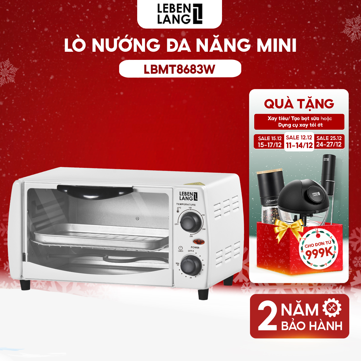 Lò Nướng Mini Đa Năng Lebenlang, Công Suất 800W, Dung Tích 12L, Lbmt8683W - Hàng Chính Hãng - Trắng