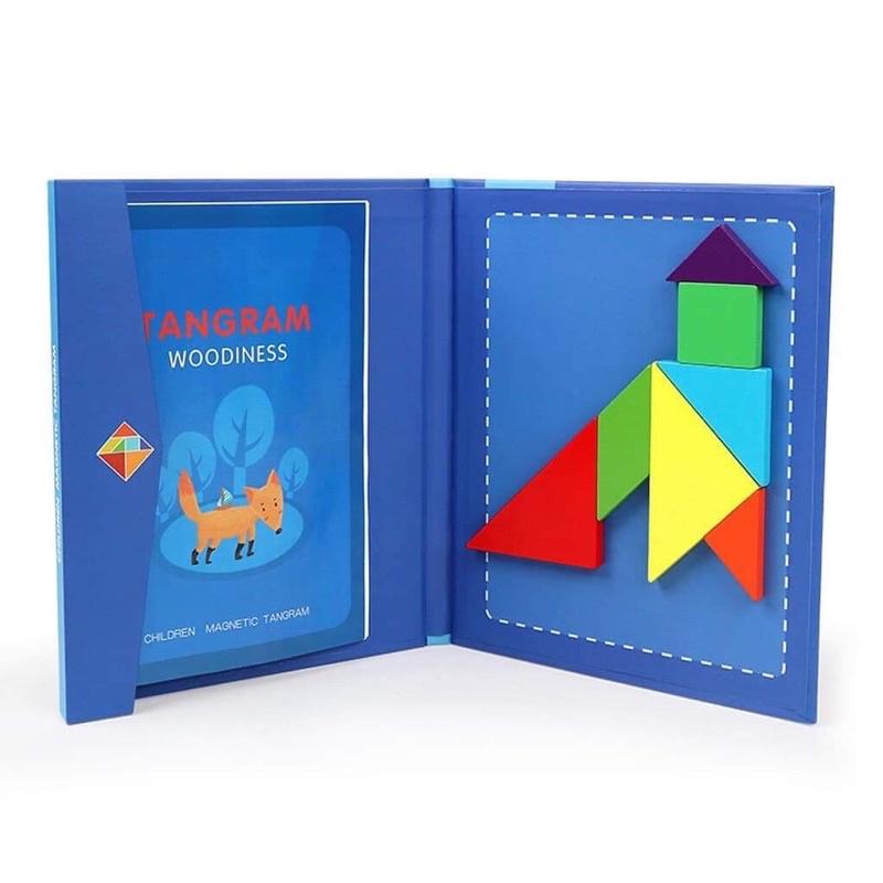 Xếp hình gỗ Tangram nam châm có kèm sách, đồ chơi thông minh cho bé tư duy phát triển trí tuệ