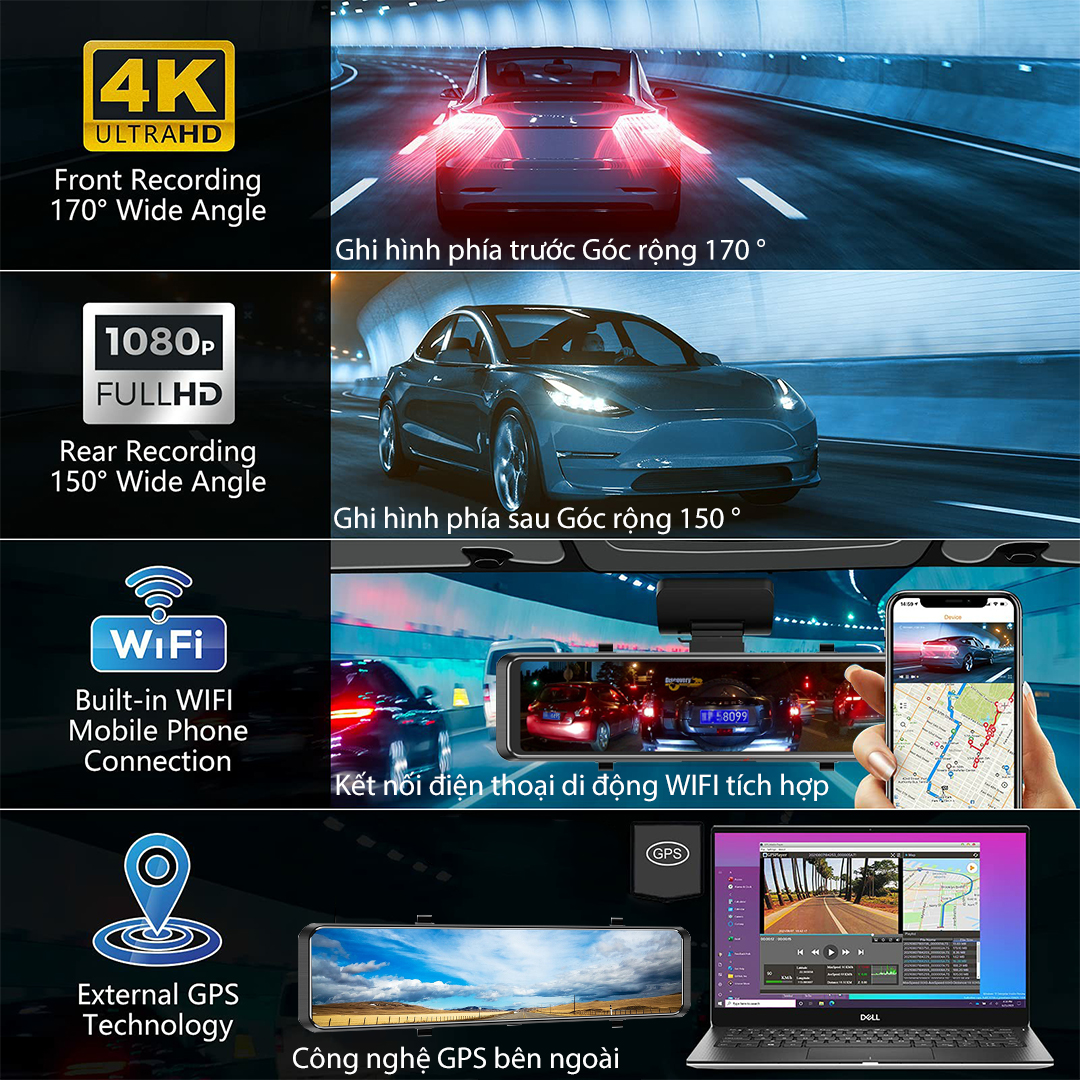 12 inch Màn hình cảm ứng IPS chiếu hậu ô tô máy ảnh ghi hình với thẻ nhớ MICRO SD 64G WIFI 2160P + 1080P