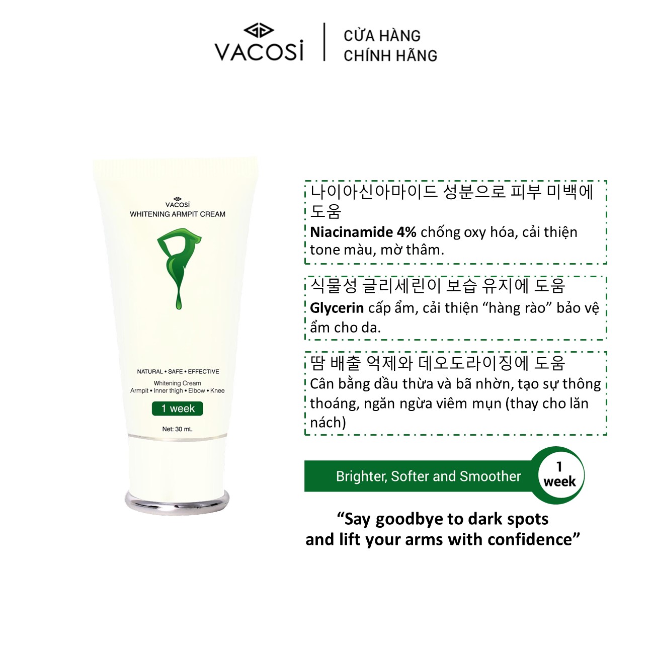 Kem dưỡng Sáng da Vùng da dưới cánh tay VACOSI WHITENING ARMPIT CREAM 30mL