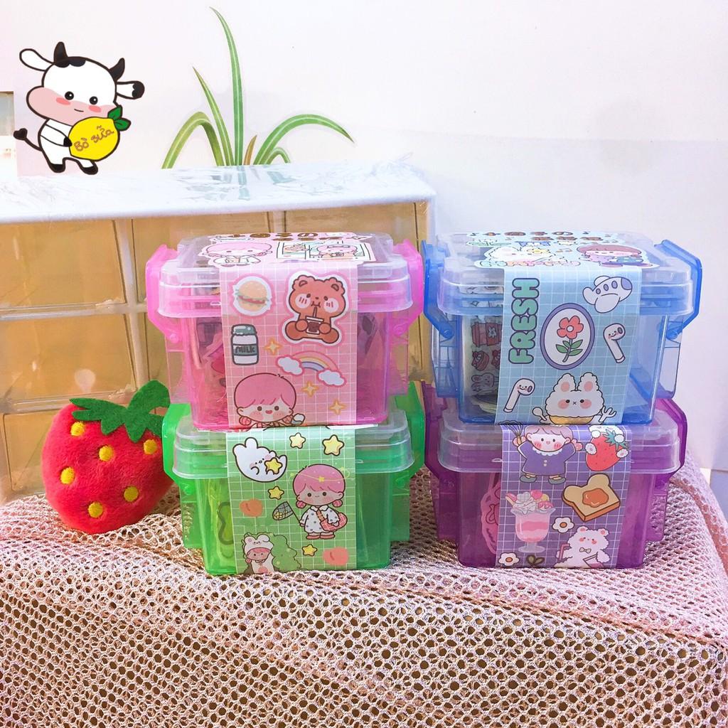 Set Hộp Nhựa Đựng Washi Tape Và Sticker Cute Đáng Yêu Gồm Nhiều Miếng Stickers Hình Cô Bé Gồm 30 Stickers 3 Cuộn Washi