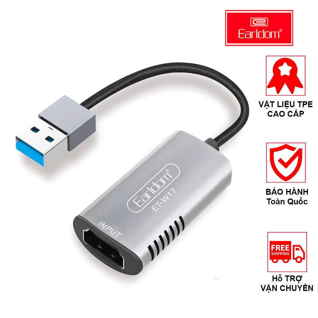 Thiết bị chuyển đổi chân HDMI qua USB 3.0 Earldom ET-W17 chuyên dùng ghi lại hình ảnh, chụp hình, live stream,thiết kế nhỏ gọn, dễ dàng sử dụng cho Laptop,PC,Macbook,điện thoại,PS4/3 Xbox one/360,thiết bị y tế, nội soi, siêu âm- Hàng Chính Hãng