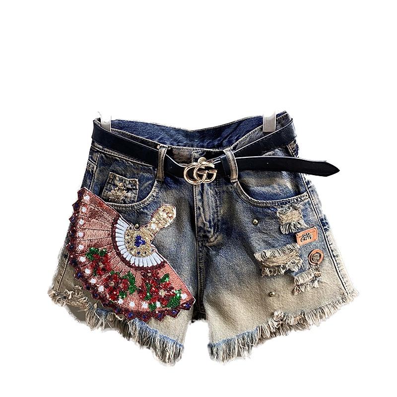 Quần Short Denim Ống Rộng Đính Đá Kiểu Retro Châu Âu Cá Tính Cho Nữ