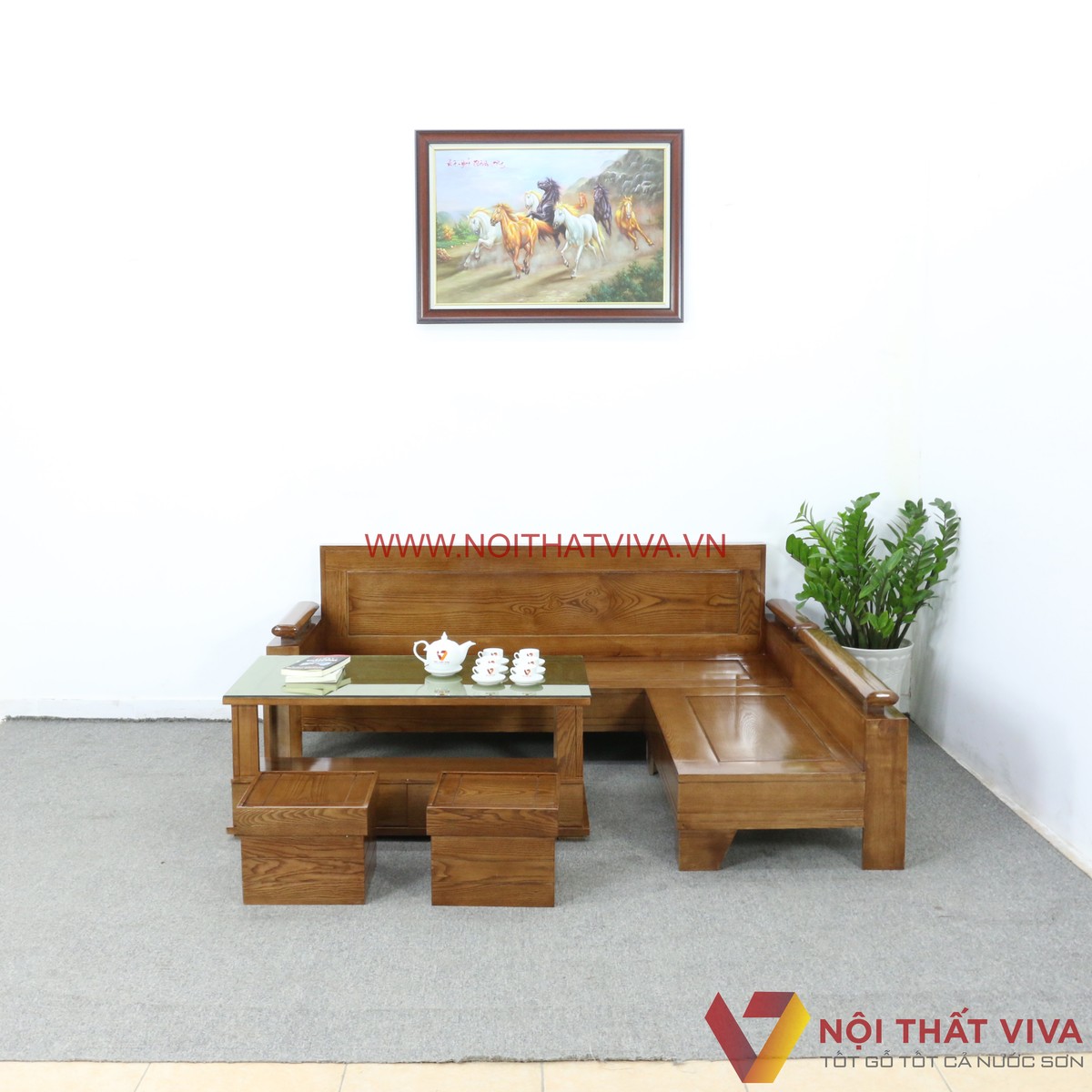 Bộ Sofa Gỗ Sồi Nga Góc L Màu Óc Chó Hiện Đại Đẹp Giá Rẻ - Tổng thể: 200 x 180 x 75cm, Băng dài: 200 x 65 x 75cm, Băng ngắn: 110 x 65 x 50cm, Bàn: 110 x 60 x 45cm, , Đôn nhỏ: 35 x 35 x 28cm (dài x rộng x cao)