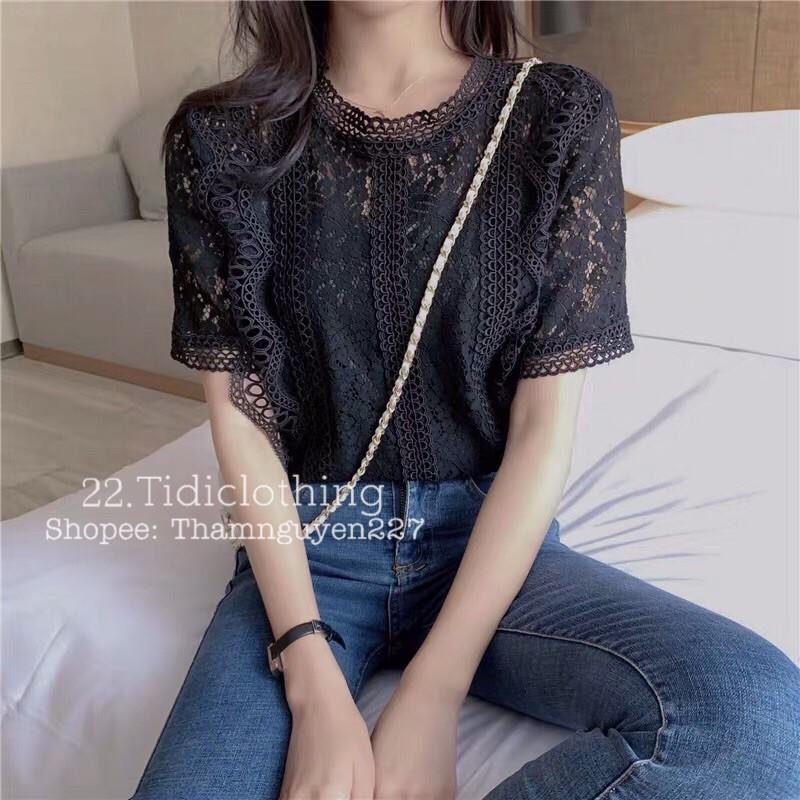 Áo sơ mi kiểu ren cổ tròn có lót trong, áo sơ mi bigsize