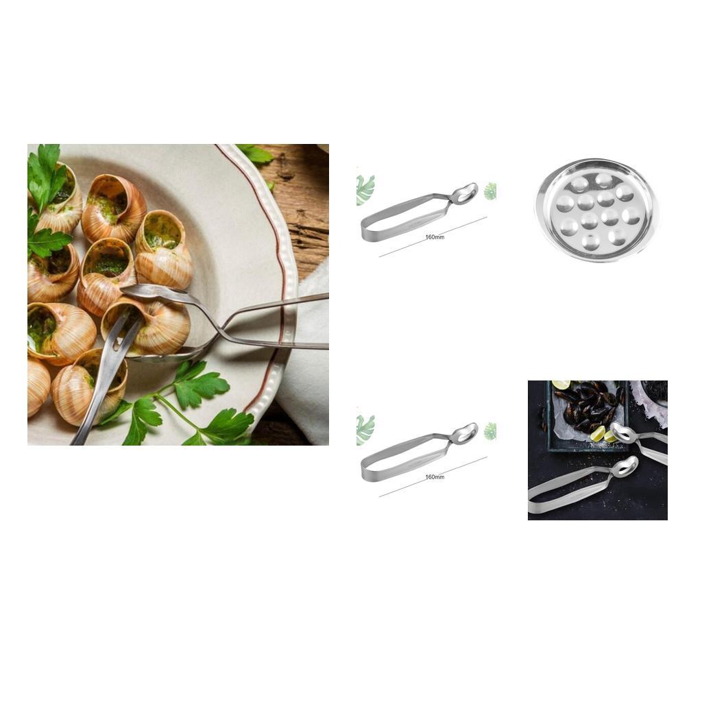 Stainless Steel Snail Escargot Plate Dishes 12 Compartment Holes Tong