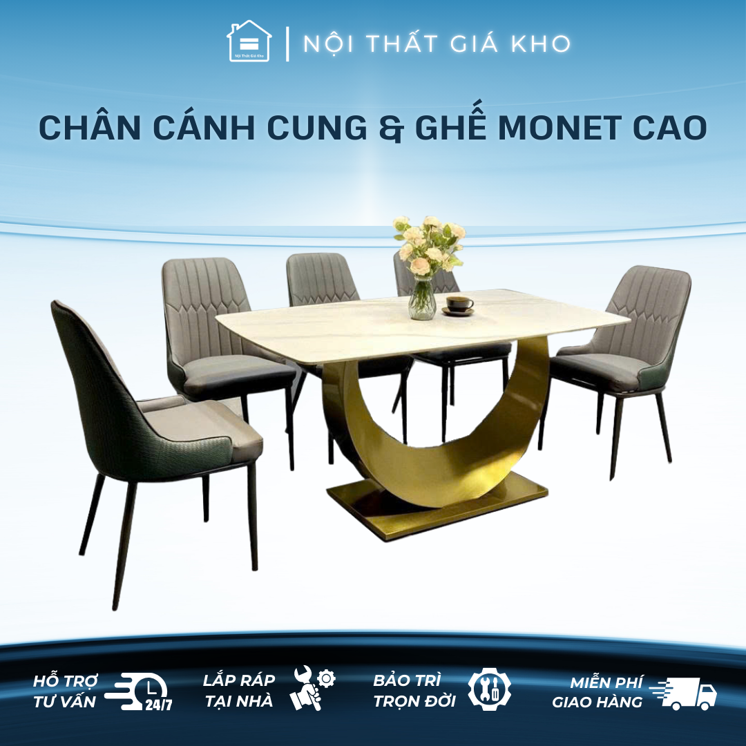 Bàn ăn mặt đá ceramic bóng chân cánh cung khung thép mạ vàng kết hợp ghế Monet cao