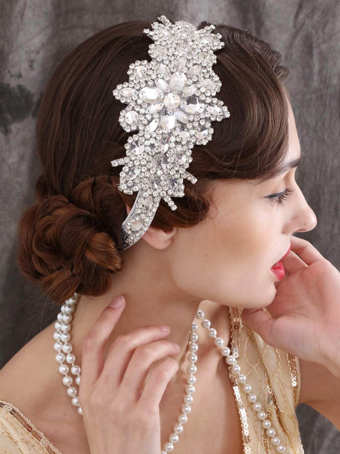 Băng đô rhinestone với băng đô đàn hồi bằng pha lê bằng tinh thể , dây tóc tóc cô dâu retro