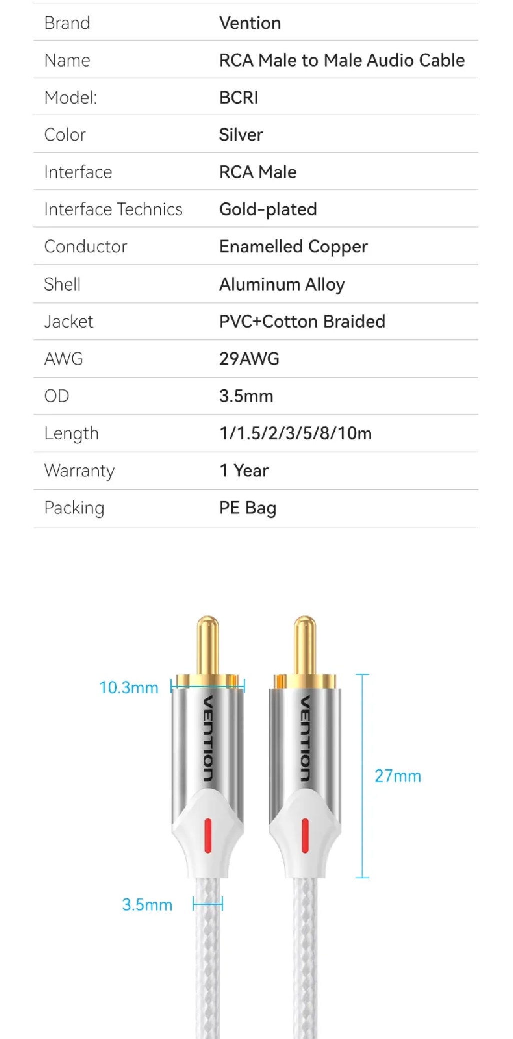 Cáp âm thanh 2 đầu RCA Coaxial dây dù Vention BCRI _ Hàng chính hãng