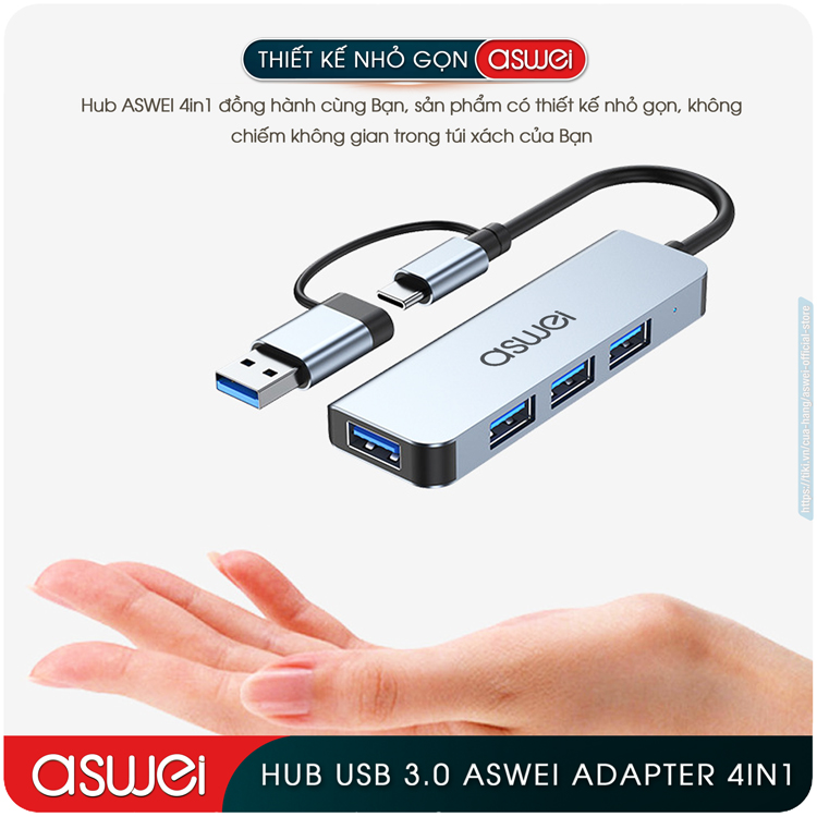 Hub Chuyển Đổi USB Type C ASWEI - 4 in 1, 5 in 1, 6 in 1, 7 in 1, 8 in 1 - HDMI, USB 3.0, PD, SD, TF, RJ45, Audio 3.5mm - Tốc Độ Cao, Hàng Chính Hãng
