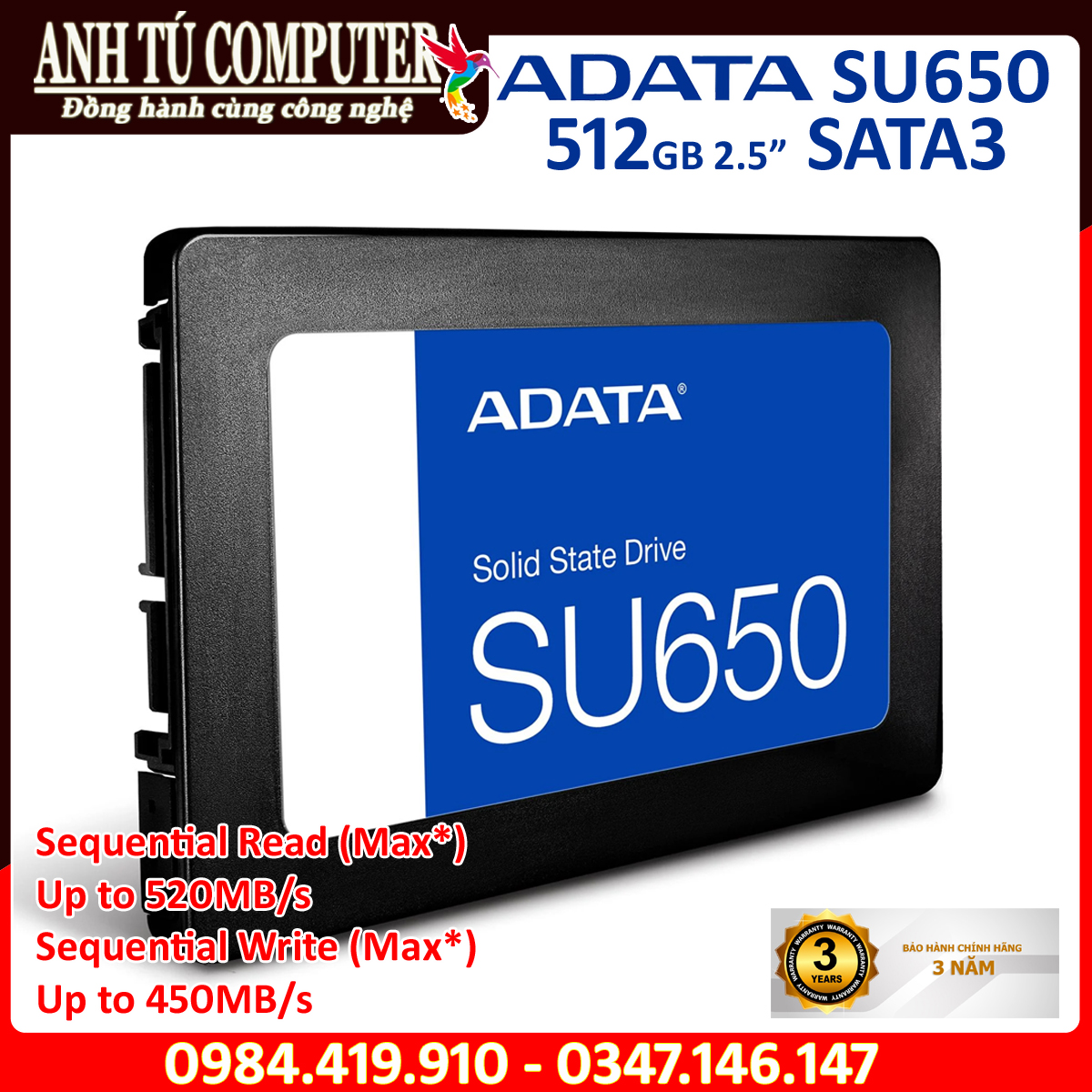 Ổ CỨNG SSD ADATA SU650 512GB 2.5″ Sata III hàng chính hãng