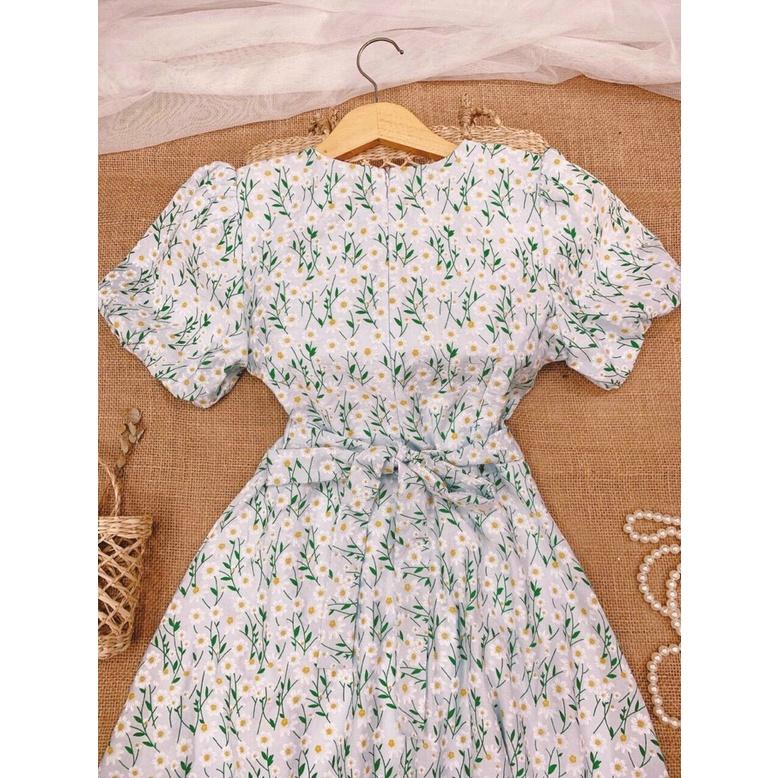 Đầm babydoll hoa nhí, Váy hoa nhí trắng dáng xòe Cao Cấp tay ngắn có dây cột eo, nữ tính quyến rũ - MiNhi Fashion
