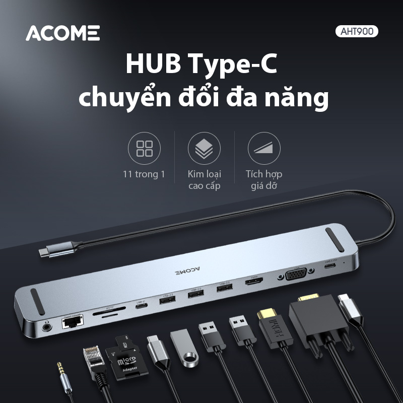 HUB Type-C ACOME AHT900 Chuyển Đổi Đa Năng 11 IN 1 Tốc Độ Cao Cổng USB, SD/Micro, PD Type-C - Hàng Chính Hãng