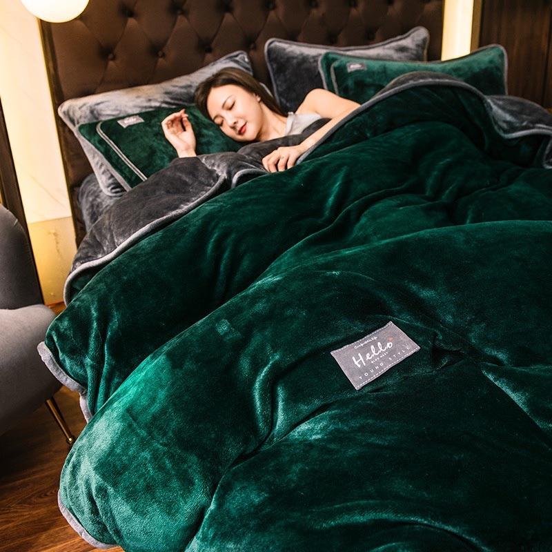 BỘ CHĂN GA NỈ NHUNG MỊN DÀY CAO CẤP GIÁ SỈ - Xanh lá đậm phối ghi,M8x2m