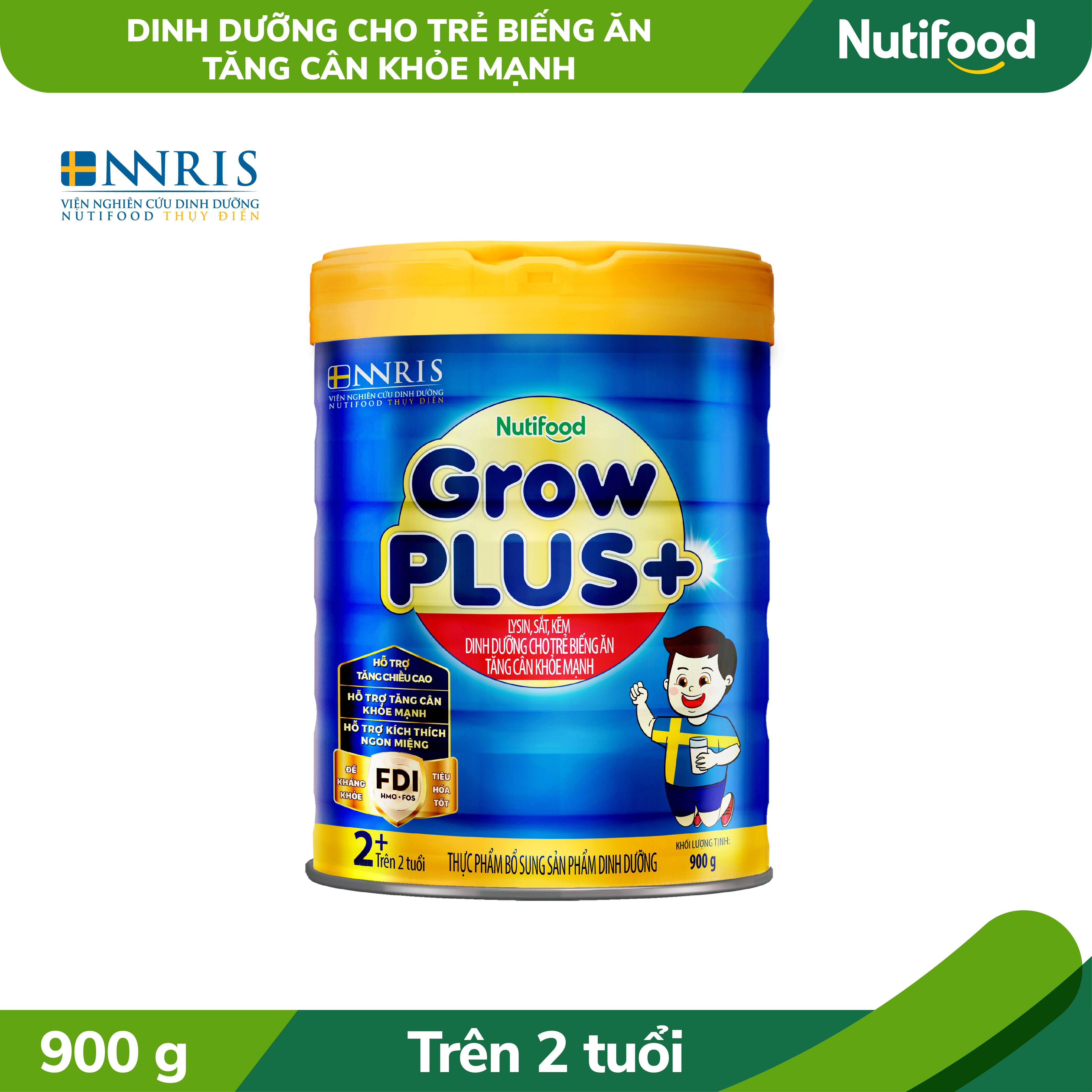 Sữa Bột GrowPLUS+ Biếng Ăn (Xanh) cho trẻ tăng cân khoẻ mạnh 2+ Lon 900G