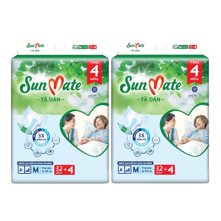 Combo 2 Tã dán người lớn Sunmate XA2 mới size M-32+4 miếng tặng kèm khăn ướt