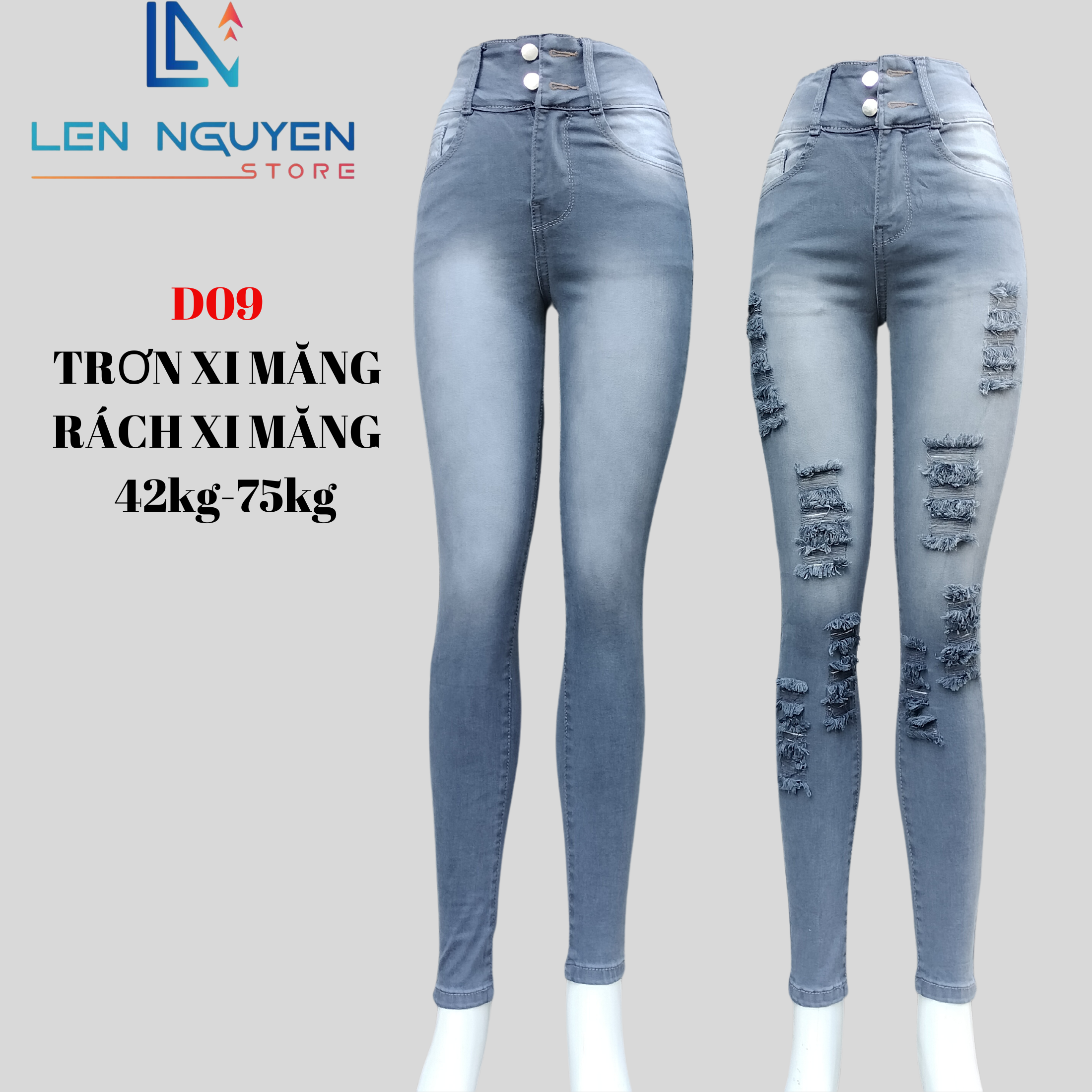 D09_ Quần Jean Nữ Dài 95cm Lưng Siêu Cao,Màu Xi Măng Rách Và Trơn Quần Jean Nữ Dài Có Bigsize Từ 42kg đến 80kg Pants Bò Denim Women Có Túi - Rách Xi Măng