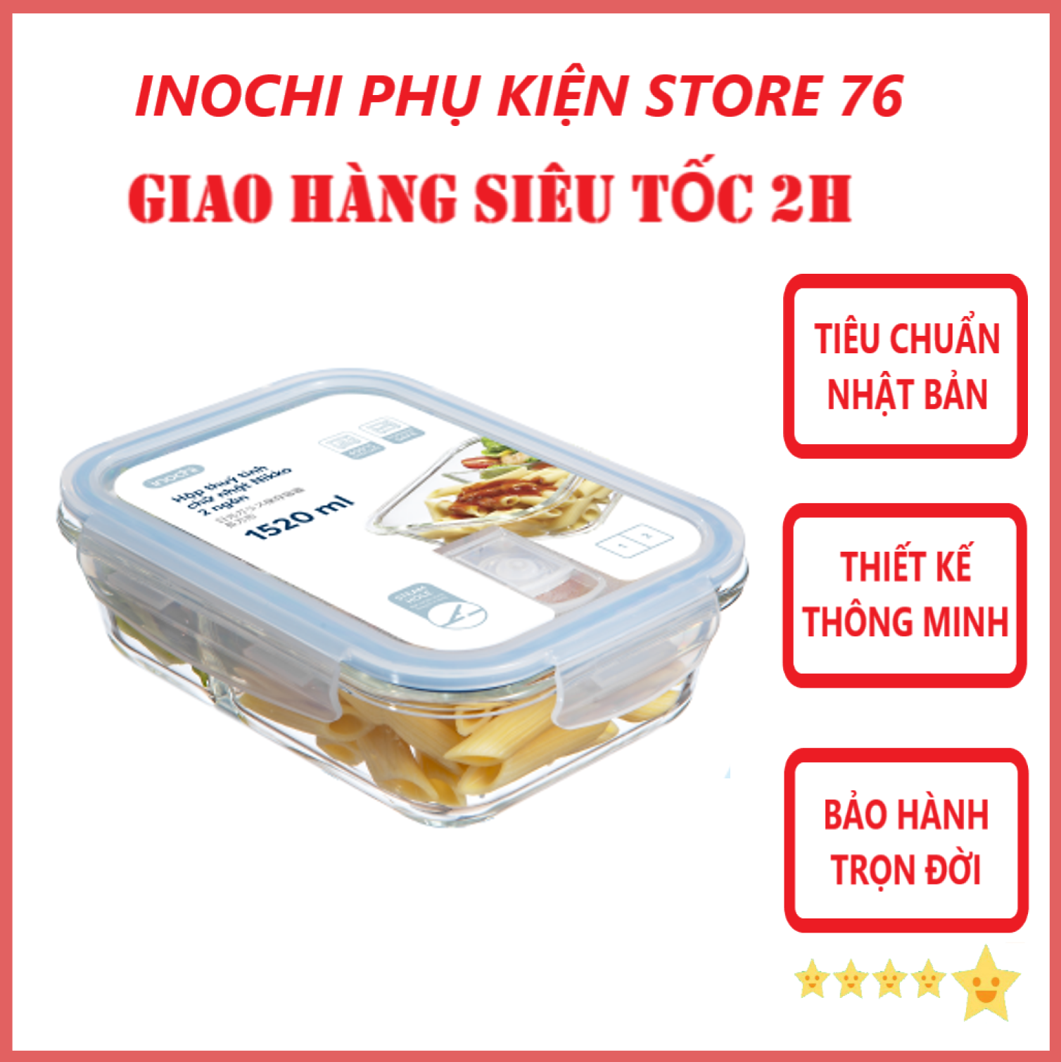Hộp Cơm Thủy Tinh 23 Ngăn, Hộp Thủy Tinh Đựng Thức Ăn Nikko Tiêu Chuẩn Nhật Bản - Chính Hãng Inochi Tặng Kèm Khăn Lau Tay Đa Năng Pakasa - Chữ Nhật 1520Ml 2 Ngăn