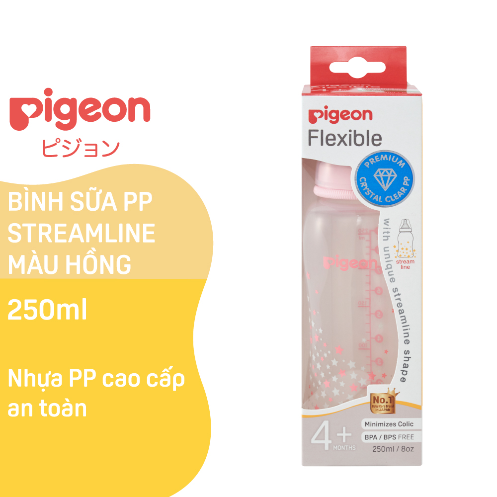 Bình sữa cổ hẹp PP Streamline hình ngôi sao hồng/xanh Pigeon 250ml (M)