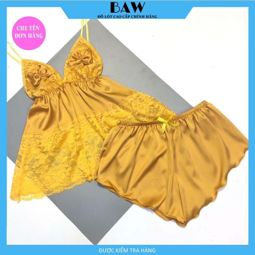Đồ Ngủ Hai Dây Phối Ren Sexy Quyến Rũ Có Mút Ngực Thương Hiệu Baw, Chất Liệu Lụa Satin Mát Mịn DN21