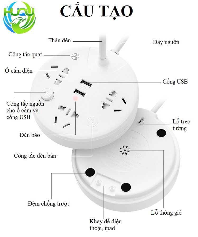 Đèn Học Huqu Kiêm Đèn Ngủ  Có Quạt Làm Mát Và Cổng Sạc USB Tiện Lợi HQ-T2021-Uốn Cong 360 Độ -Hàng Chính Hãng