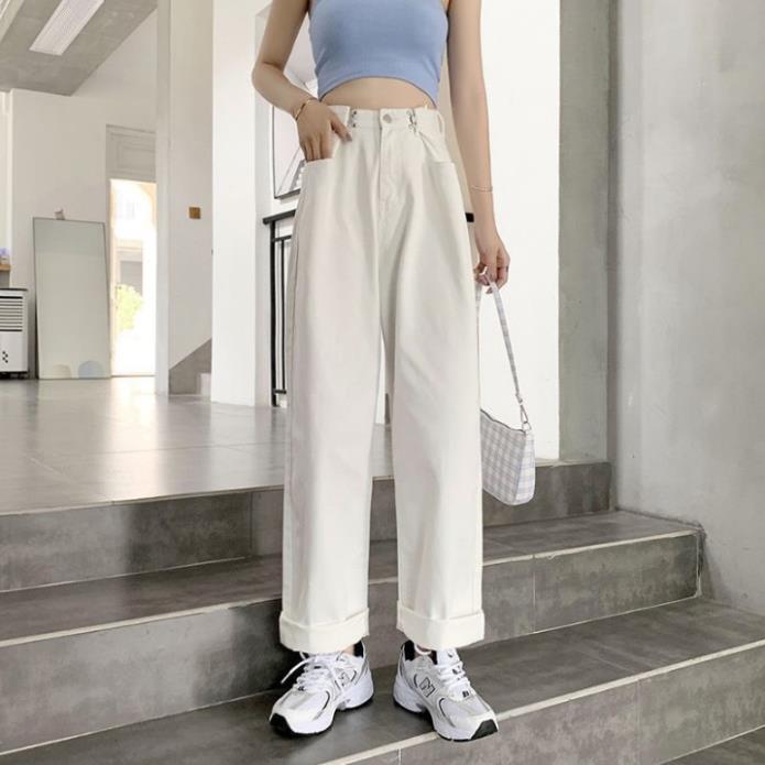 Quần Jean Ống Rộng GÀI EO Nữ Màu Trắng Kem Ulzzang Unisex mặc lên cực tôn dáng