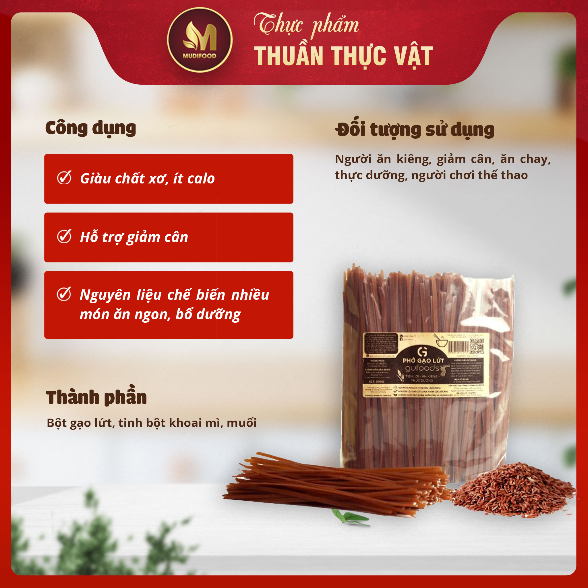 Phở Gạo Lứt Ăn Kiêng GUfoods 500g - Dai ngon, Hỗ trợ Giảm cân, Thực dưỡng, Eat clean