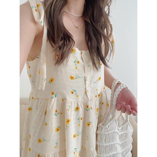 Váy Đầm Hai Dây Bản To Dáng Dài Hoa Nhí Vintage Cúc Ngực