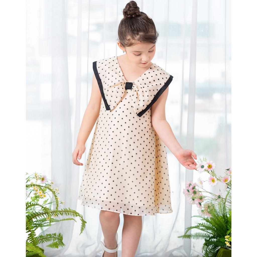 Đầm chấm bi bé gái BYZU chất liệu tơ cotton, váy thiết kế nổi bật với chiếc nơ to