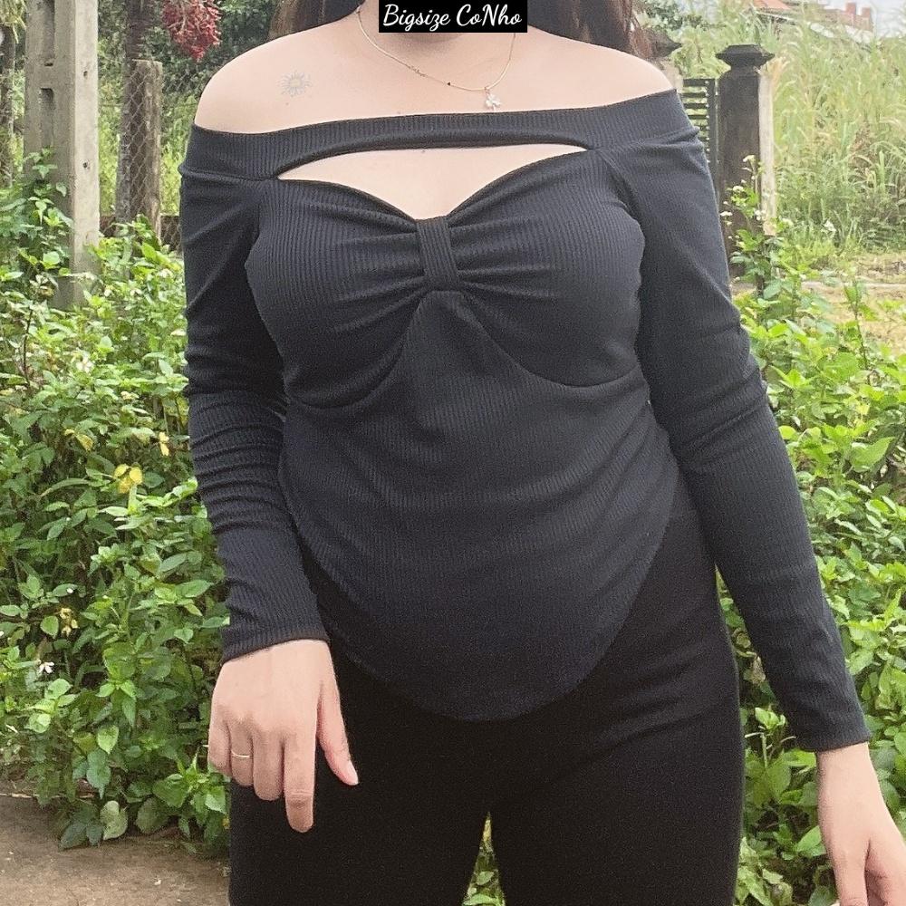 Áo thun gân bigsize nữ tay dài trễ vai kiểu dáng sexy, Áo kiểu big size dài tay BIGSIZE CÔ NHỎ G60