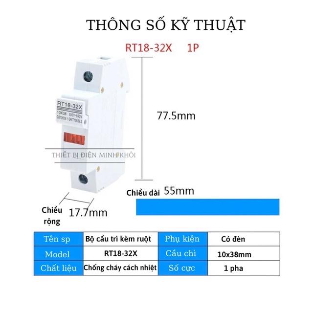 Bộ Cầu Chì RT 18-32X kèm ruột cầu chì sứ 2A-32A, cầu trì ống kèm đế