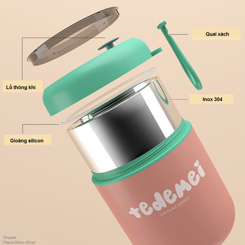 Bình Ủ Cháo Cốc Đựng Cháo Giữ Nhiệt Tedemei Chất Liệu Inox 304 Kèm Thìa Dung Tích 530ml