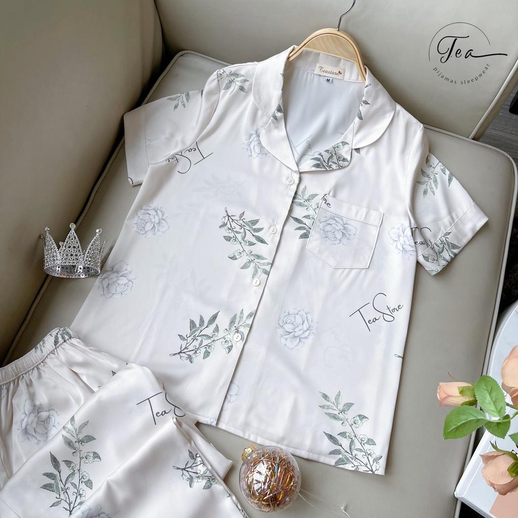 Bộ mặc nhà pyjama lụa cao cấp Tea Store tay dài quần dài họa tiết Tim sang trọng